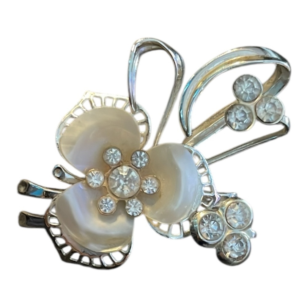 Vintage Mother-of-Pearl Style Rhinestone Floral Bouquet Brooch